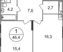 1-ком, 46,4 кв.м., 6/19эт.